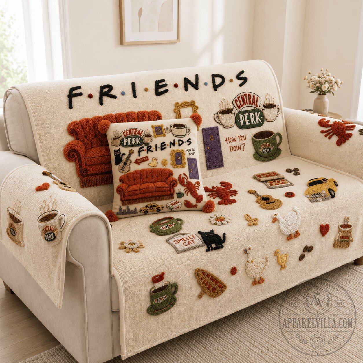 Friends Television Show Central Perk Tufted Sofa Slipcover and Pillow Set