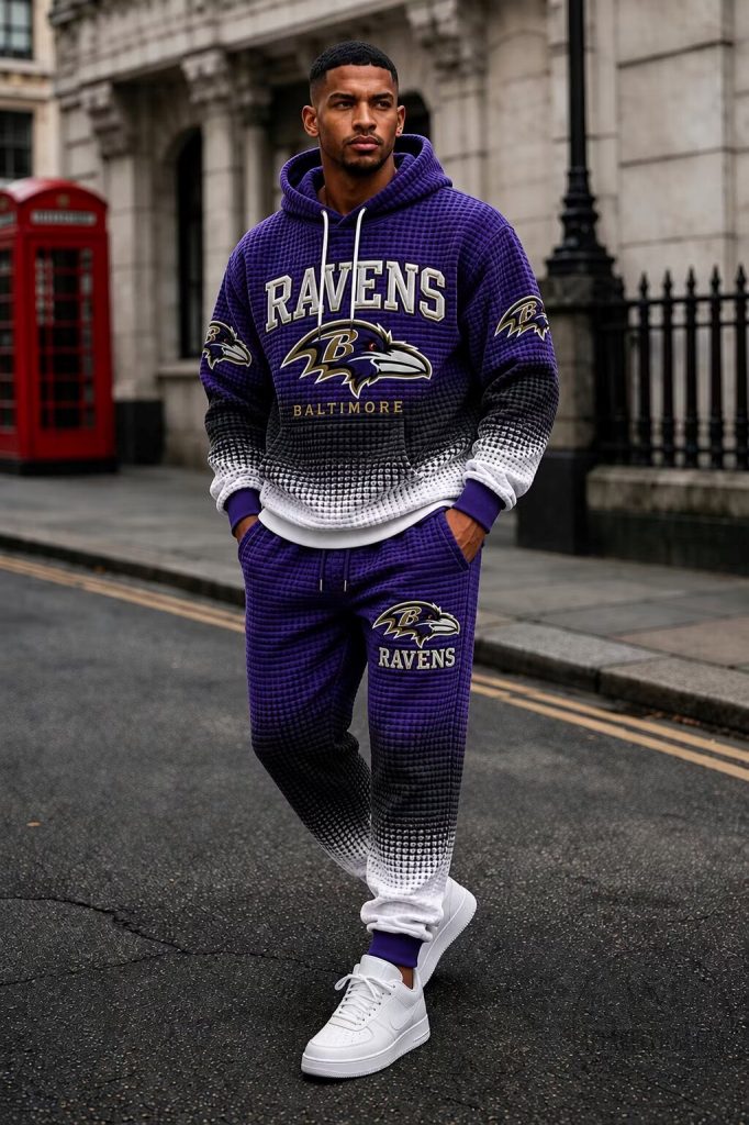 Baltimore Ravens Football Team Logo Waffle Knit Hoodie and Jogger Pants Set