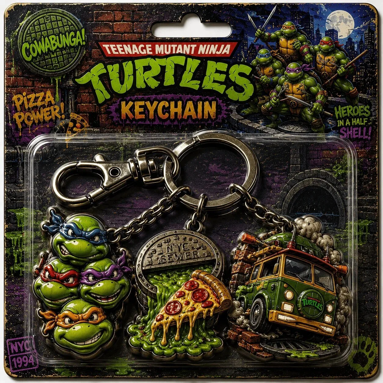 TMNT Pizza Power Keychain - Heroes in a Half Shell Design