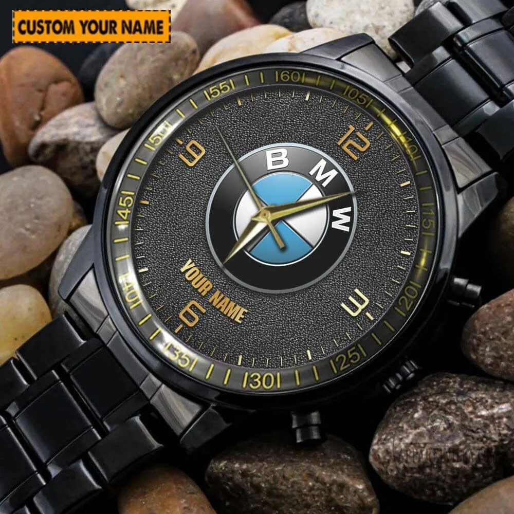 Personalized BMW Car Logo Black Stainless Steel Custom Name Watch