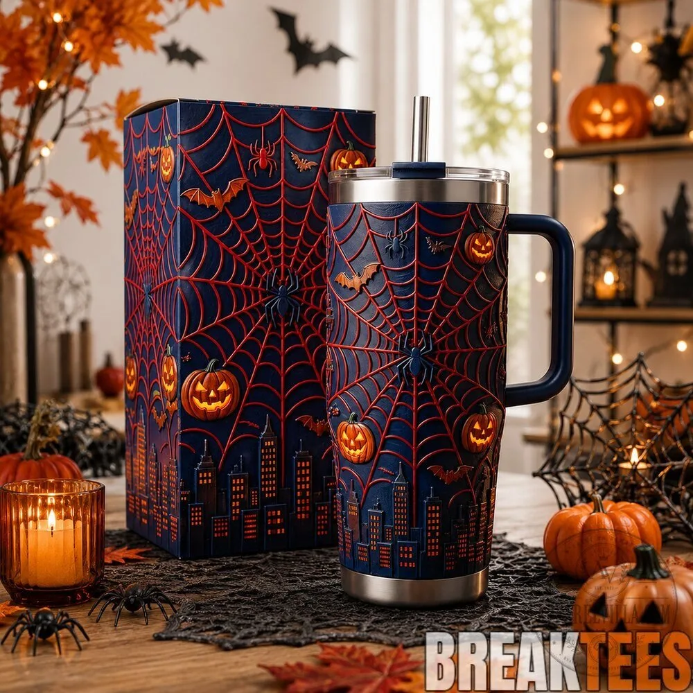 Halloween Spider Web Pumpkin Spooky Insulated Stainless Steel Tumbler with Handle
