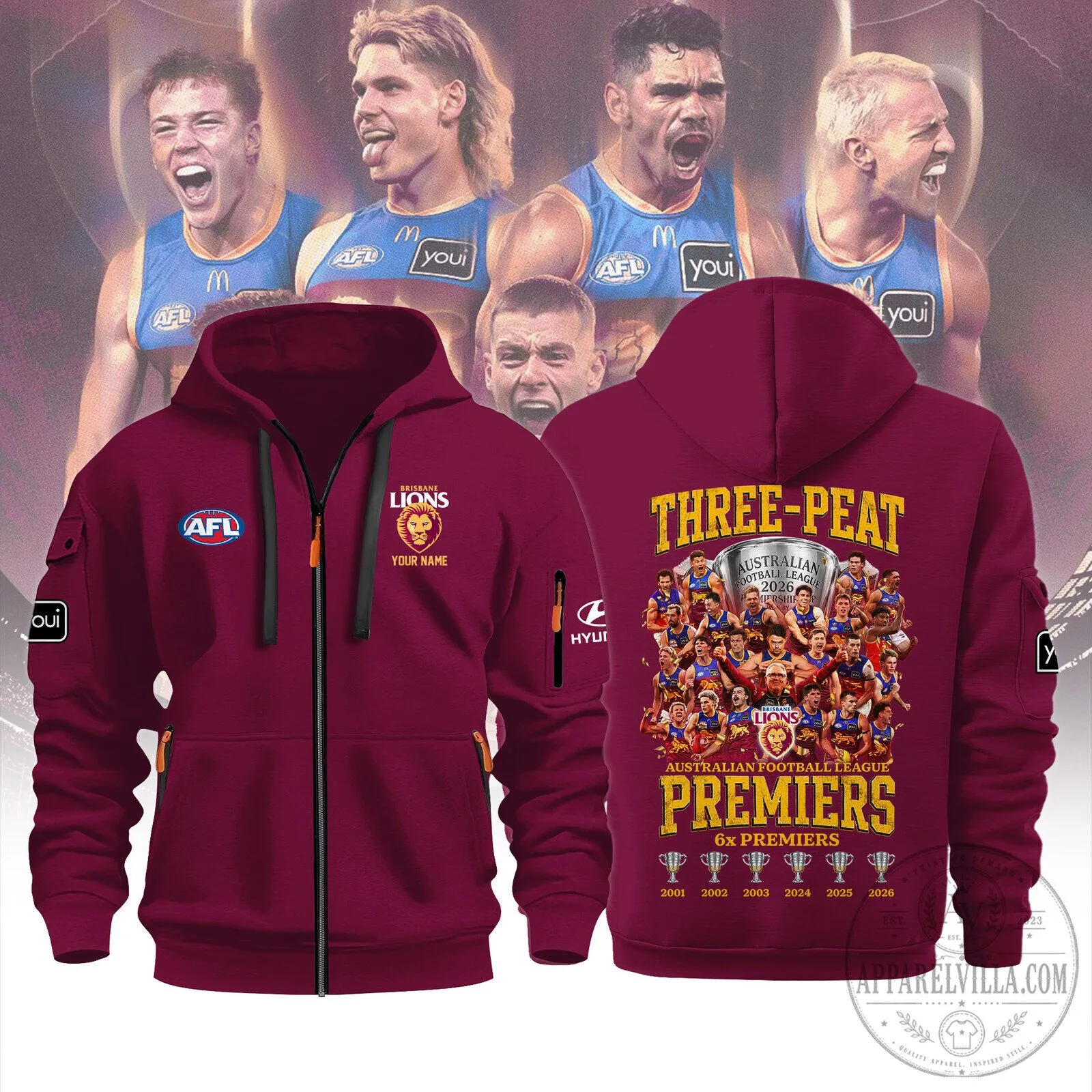 Brisbane Lions Australian Football League Premiers Three-Peat Full-Zip Hoodie