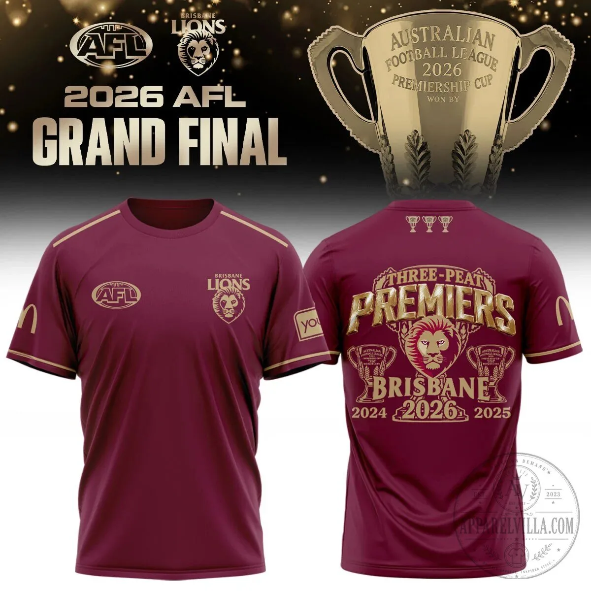 Brisbane Lions 2026 Australian Football League Grand Final Three-Peat Premiers T-Shirt