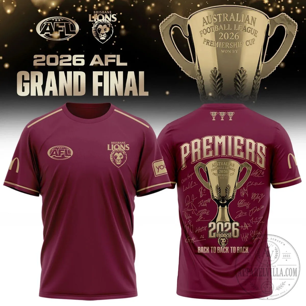 Brisbane Lions 2026 AFL Grand Final Premiers Back to Back to Back Championship Jersey