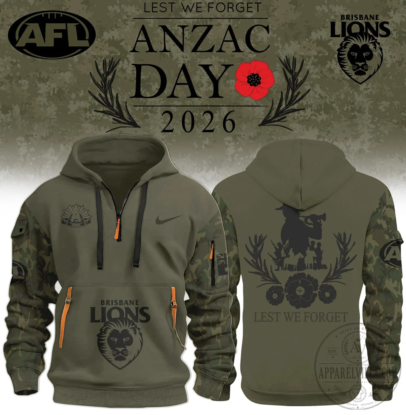 Brisbane Lions Anzac Day Lest We Forget Hoodie