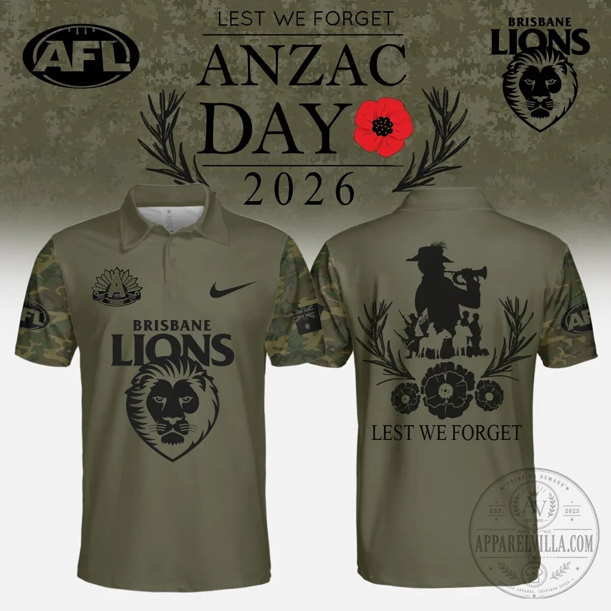 Brisbane Lions Australian Football League Anzac Day 2026 Lest We Forget Polo Shirt