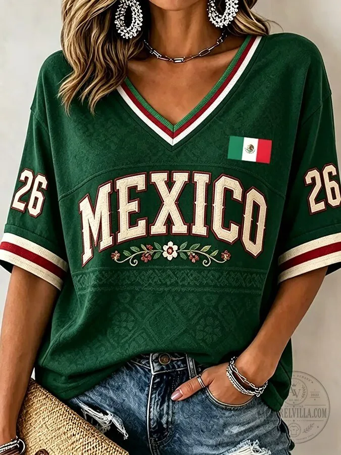Mexico Soccer Team Green V-Neck Casual T-Shirt
