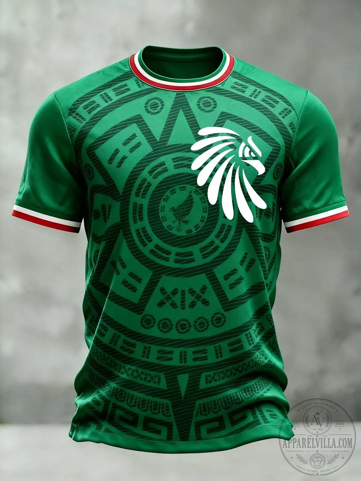 Mexico Soccer Team Green Aztec Calendar Print Football Jersey for Men