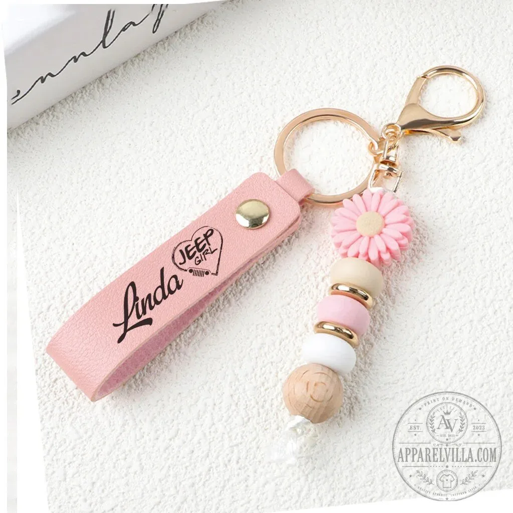Custom Name Beaded Keychain for Jeep Girls featuring Daisy Design