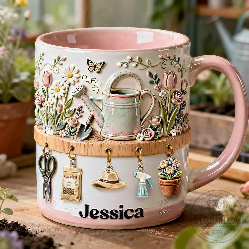 Personalized Garden Coffee Mug with 3D Floral and Gardening Tools Design