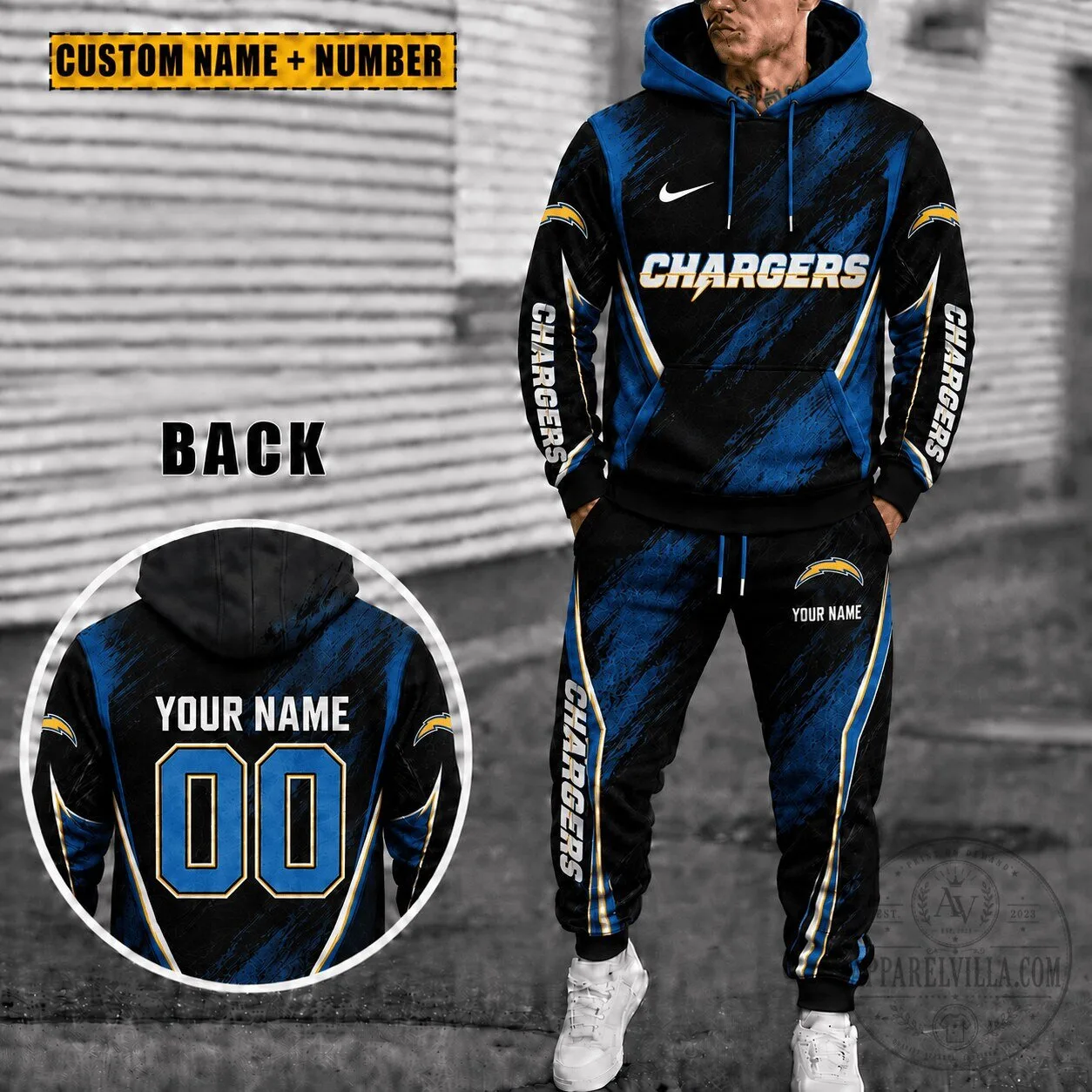 Los Angeles Chargers Personalized Blue And Black Hoodie And Sweatpants Set