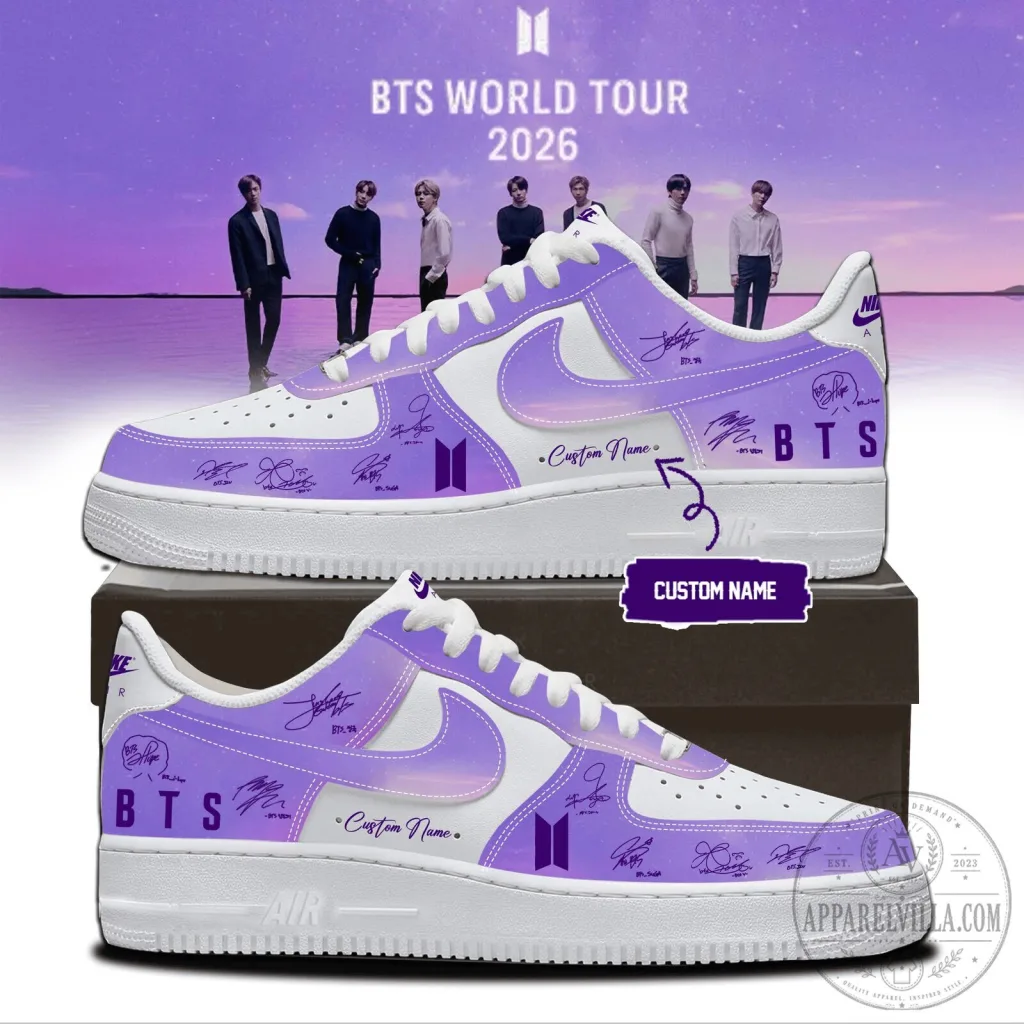 BTS World Tour 2026 Custom Name Purple and White Sneakers BTS World Tour 2026 Custom Name Purple and White Sneakers