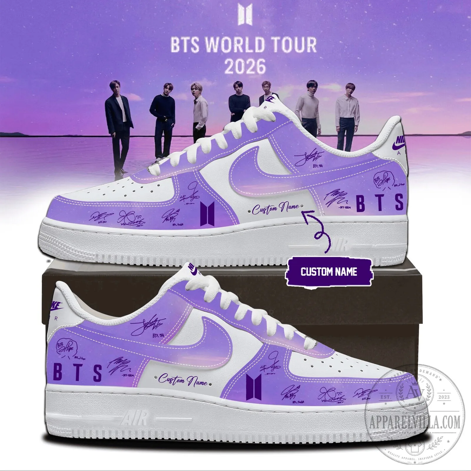 BTS World Tour 2026 Custom Name Purple and White Sneakers