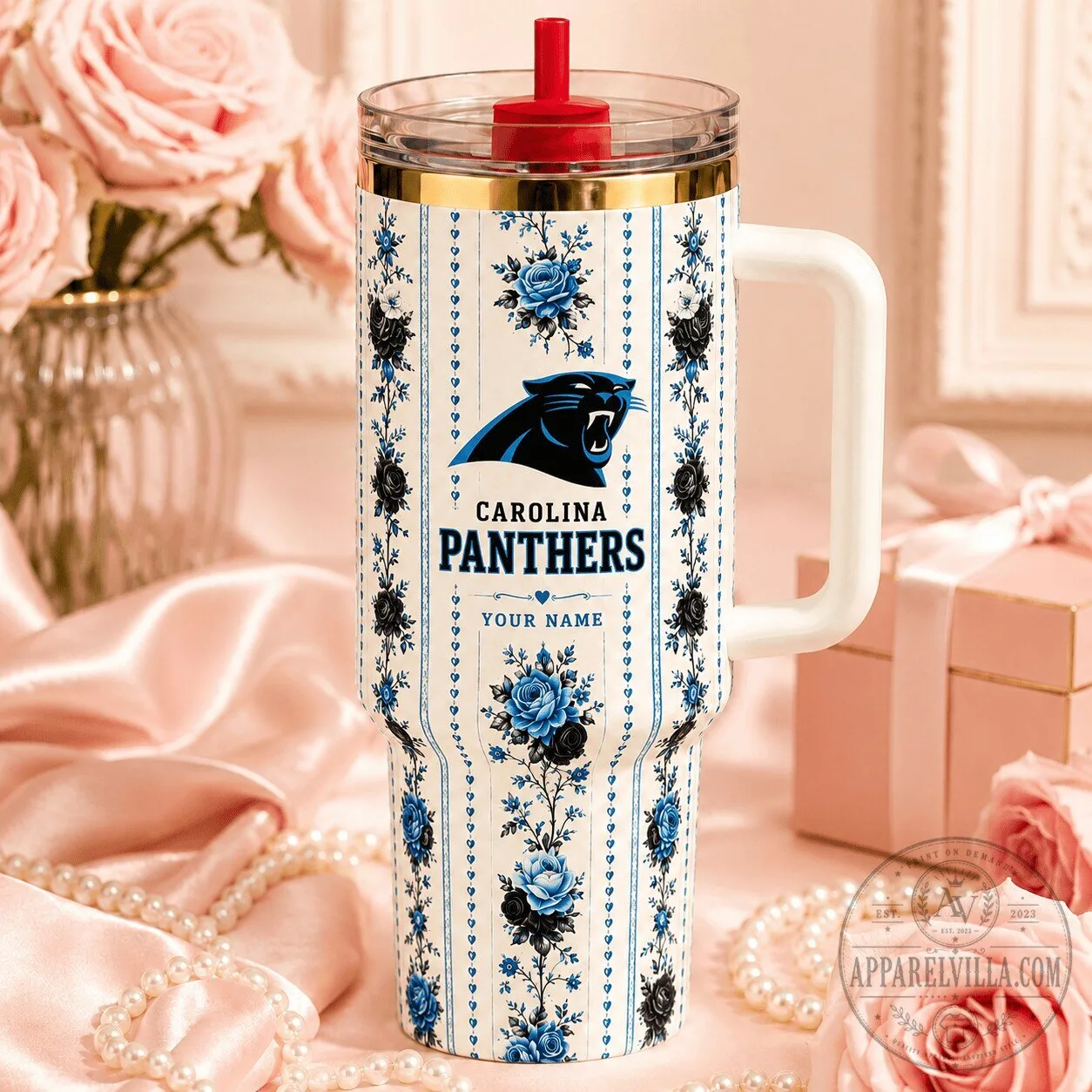 Carolina Panthers Floral Pattern Insulated Stainless Steel Tumbler with Handle