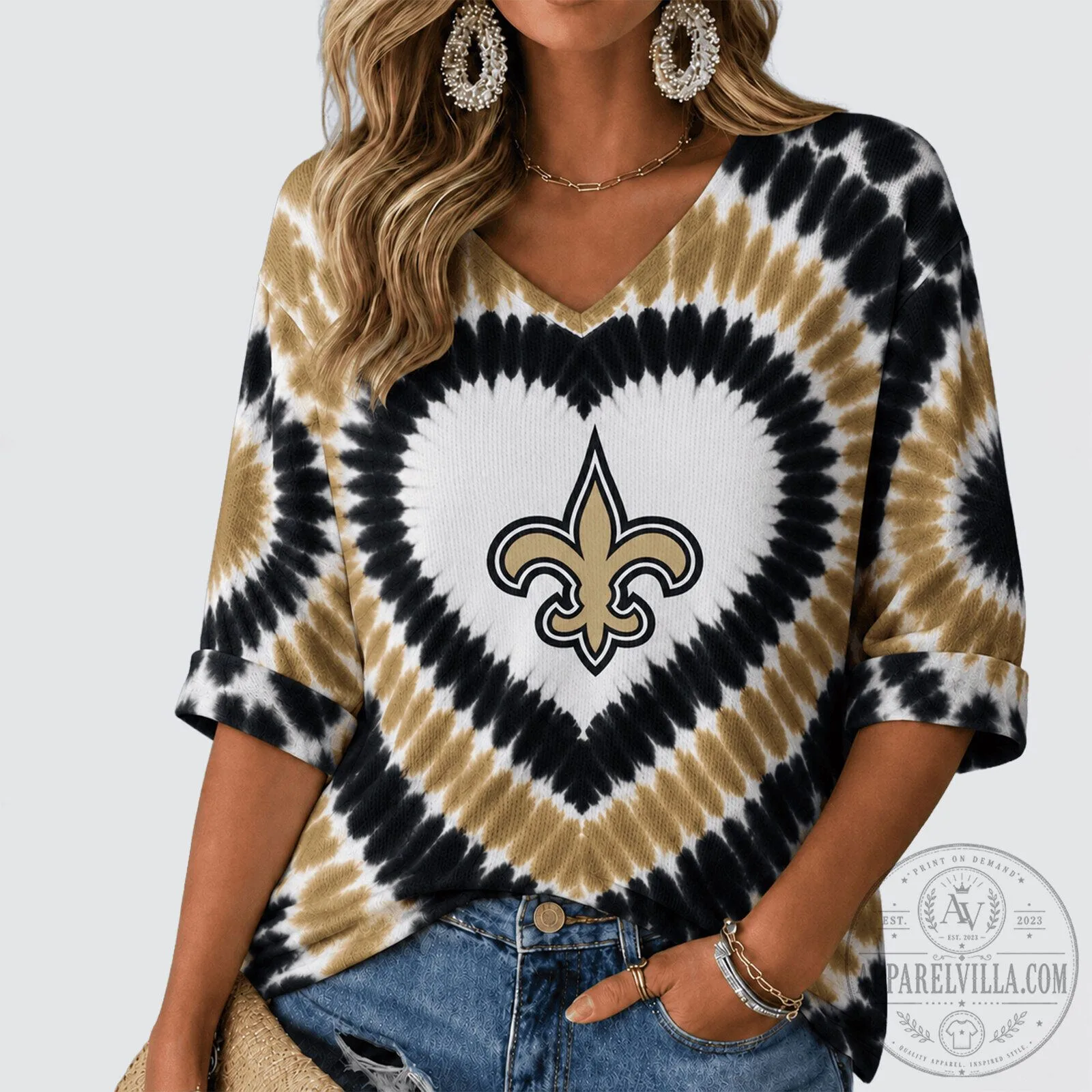 New Orleans Saints Fleur De Lis Heart Tie Dye V-Neck Long Sleeve Shirt