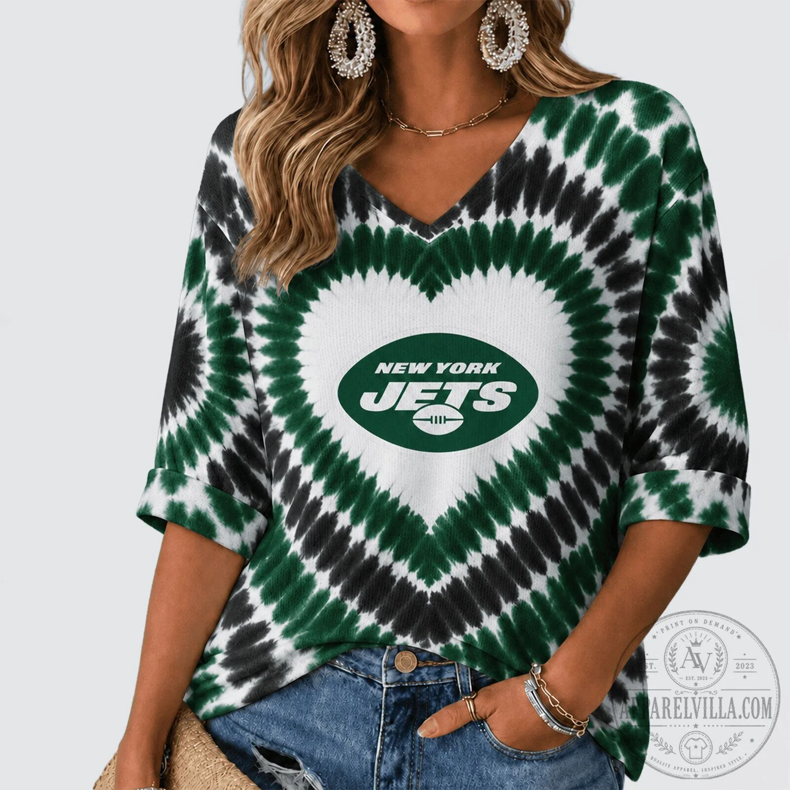 New York Jets Football Team Tie Dye Heart Pattern V-Neck Long Sleeve Shirt