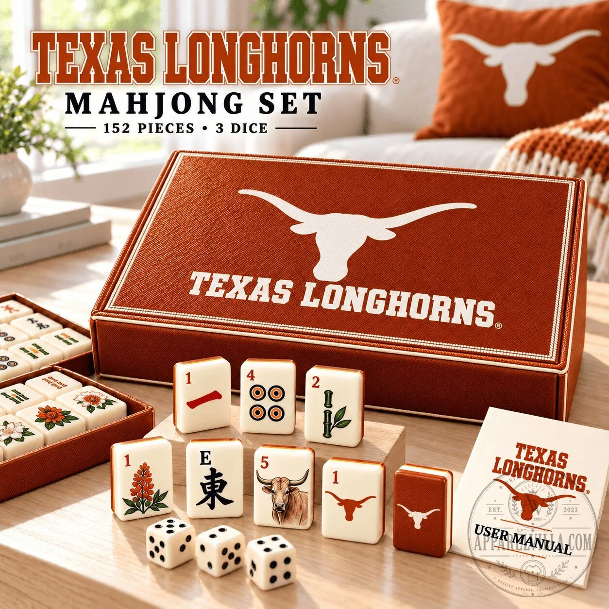 Texas Longhorns Mahjong Set 152 Pieces with Dice and User Manual