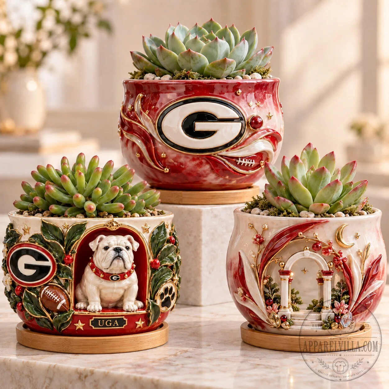 Georgia Bulldogs Succulent Planter Set of Three with Drainage and Saucers 5 Georgia Bulldogs Succulent Planter Set of Three with Drainage and Saucers