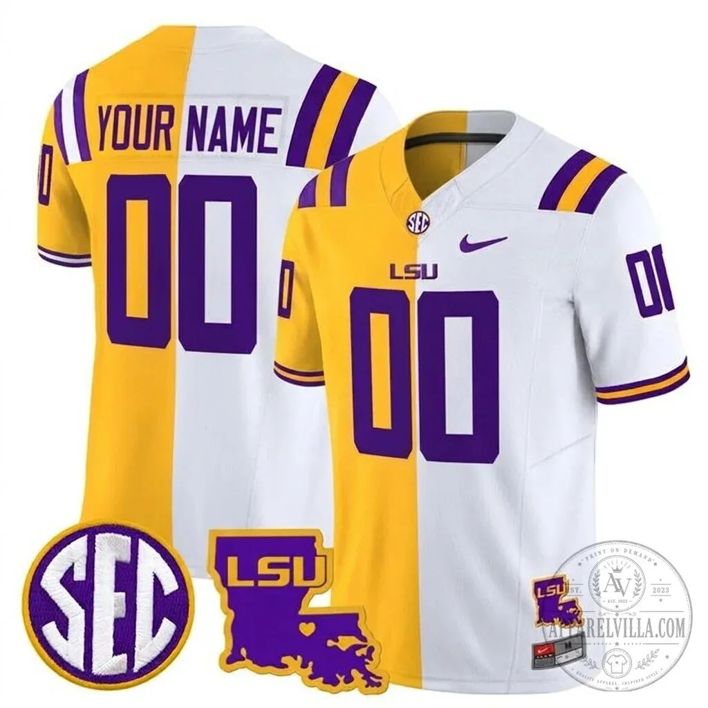 Louisiana State University Tigers Custom Split Gold White Football Jersey