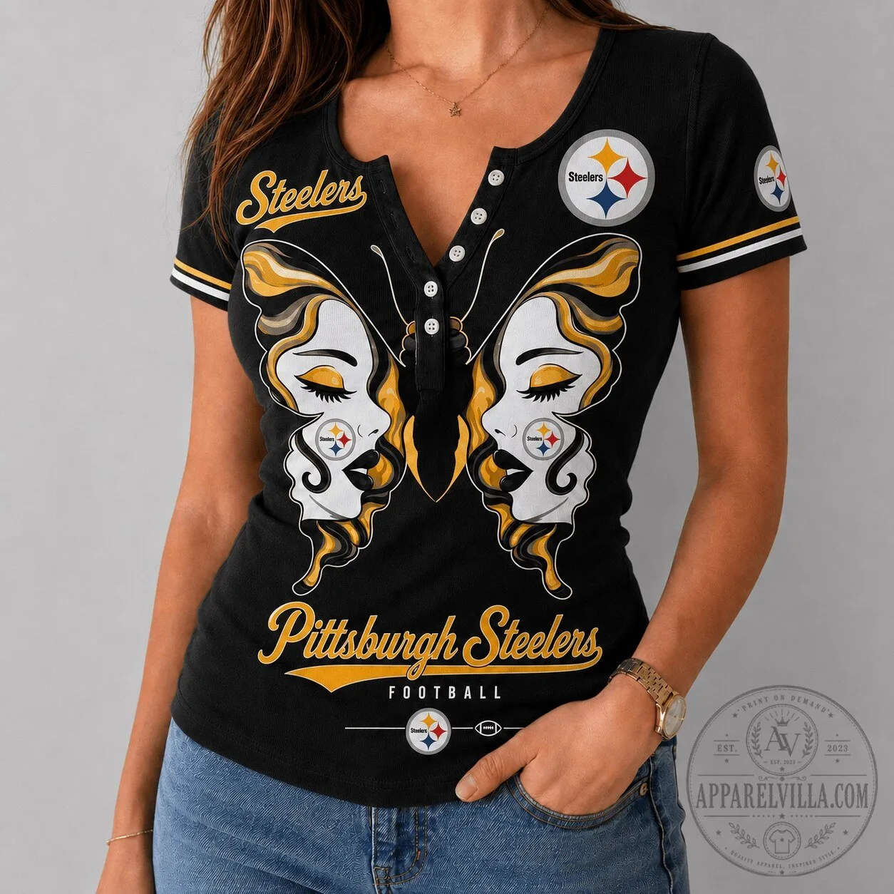 Pittsburgh Steelers Football Butterfly Wings V-Neck T-Shirt