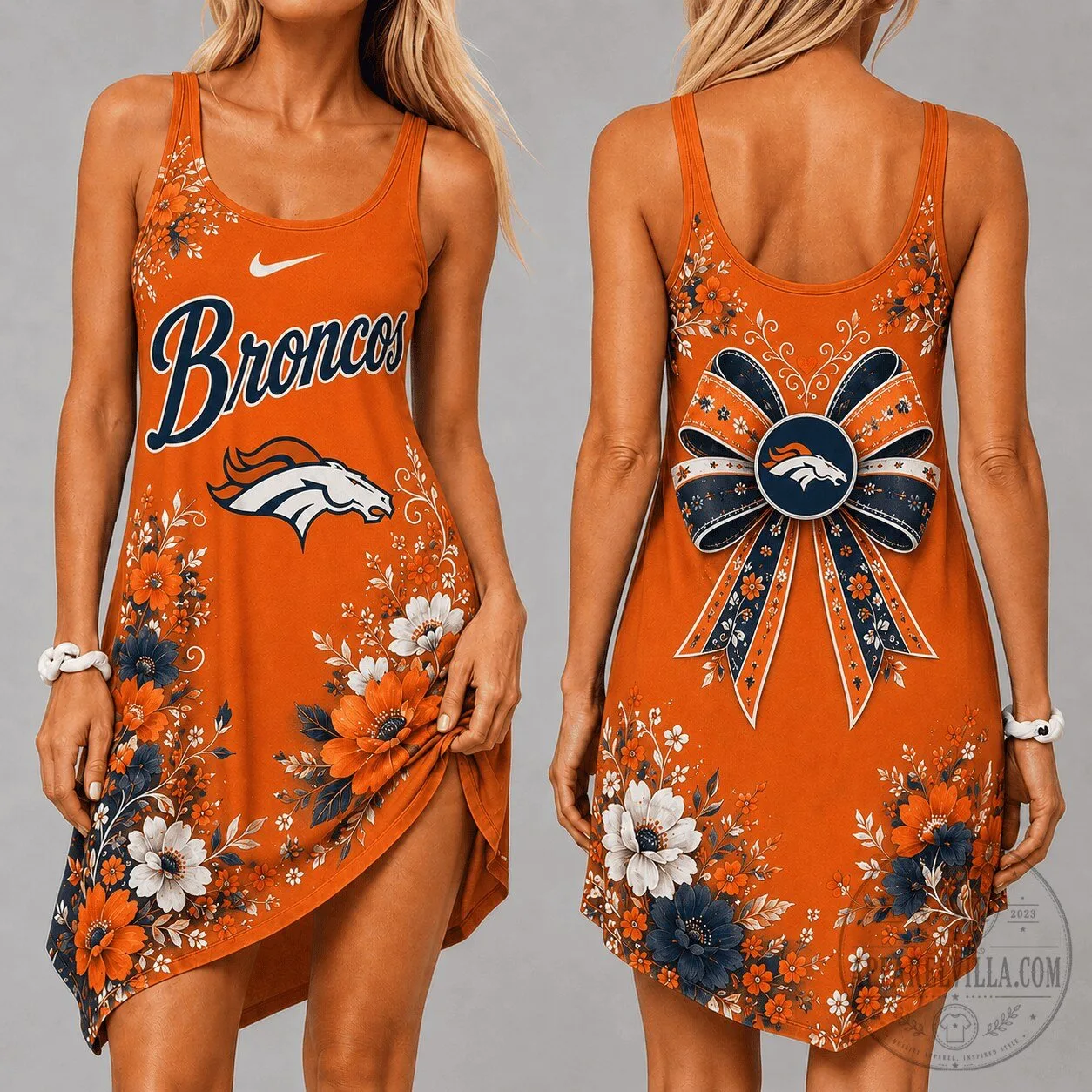 Denver Broncos NFL Football Team Orange Floral Pattern Women's Sleeveless Dress