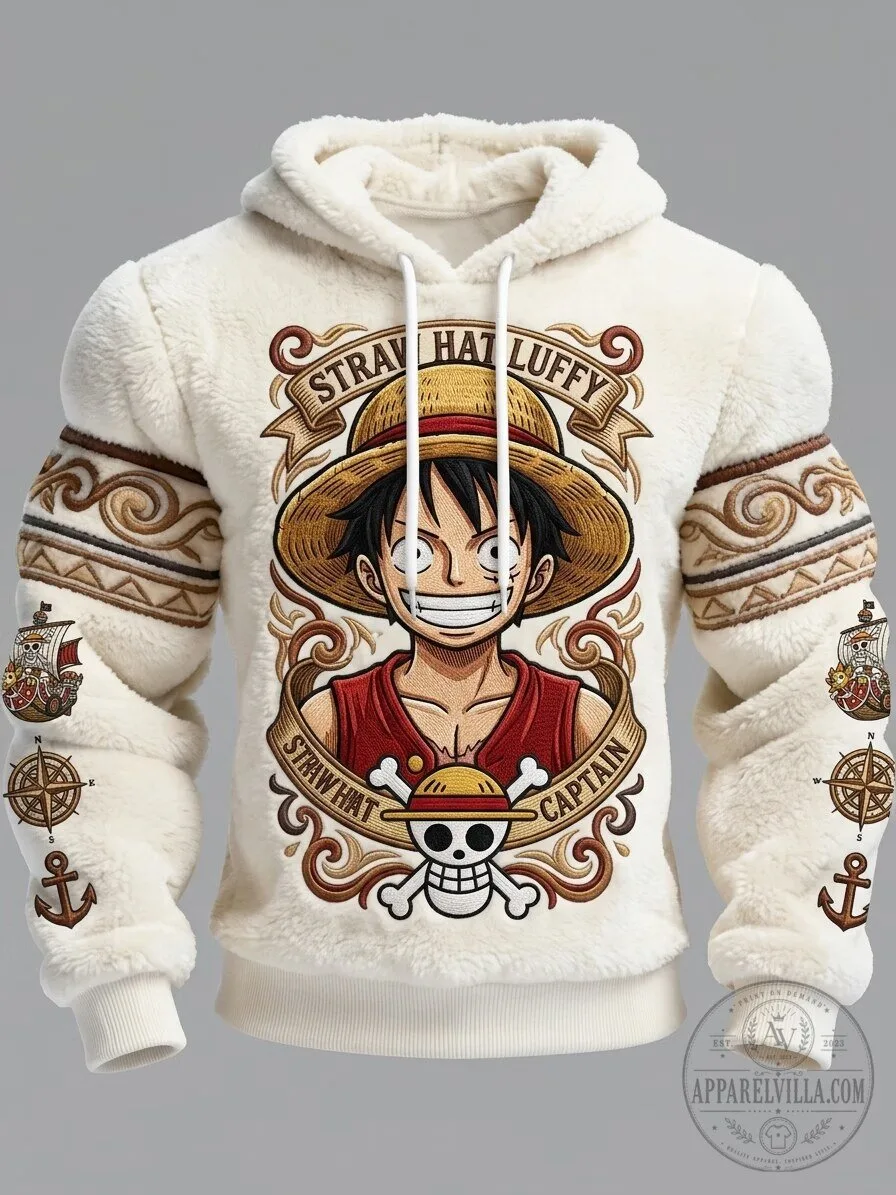 One Piece Monkey D. Luffy Straw Hat Captain Embroidered Fleece Hoodie