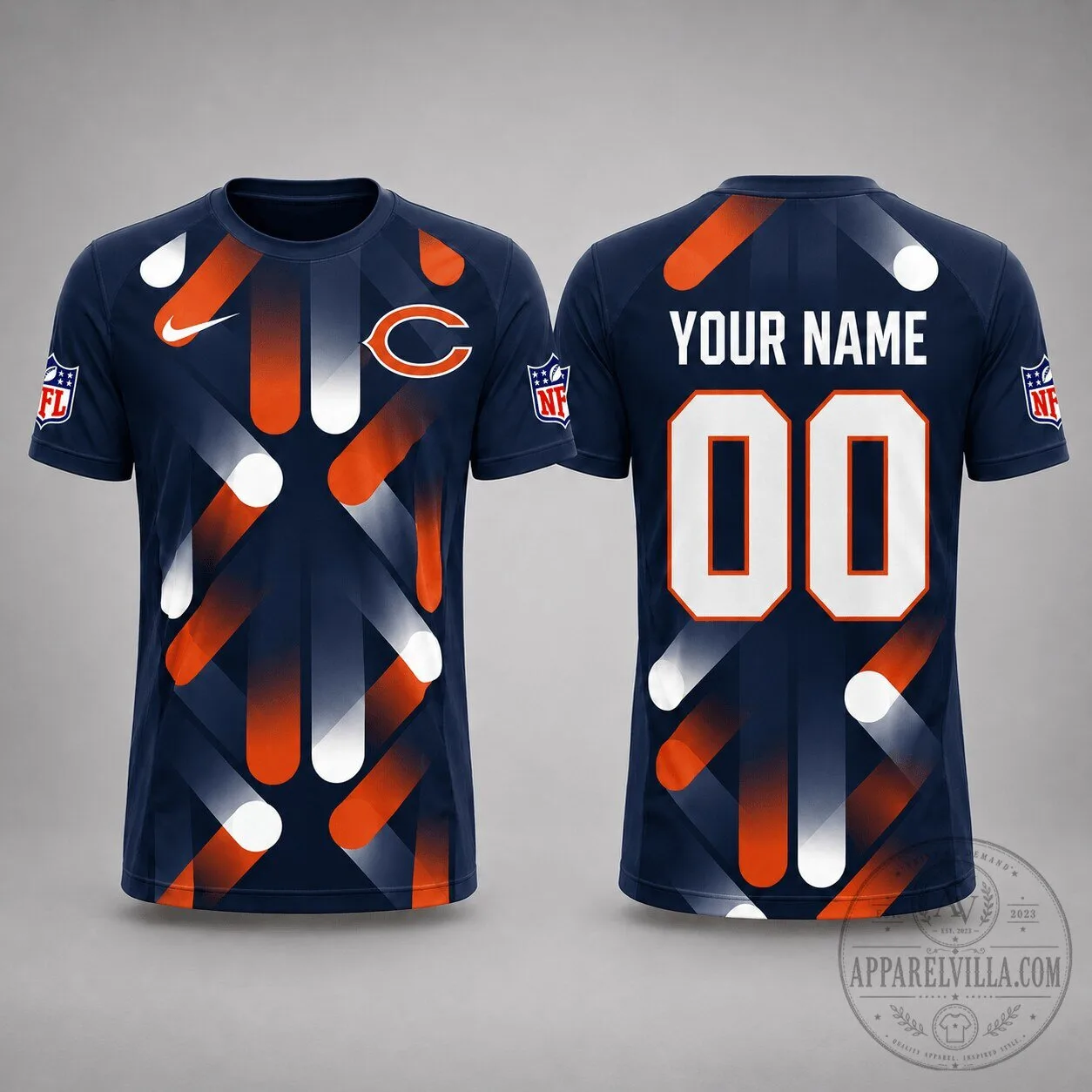 Chicago Bears Personalized Football Team Navy Blue T-Shirt with Custom Name and Number