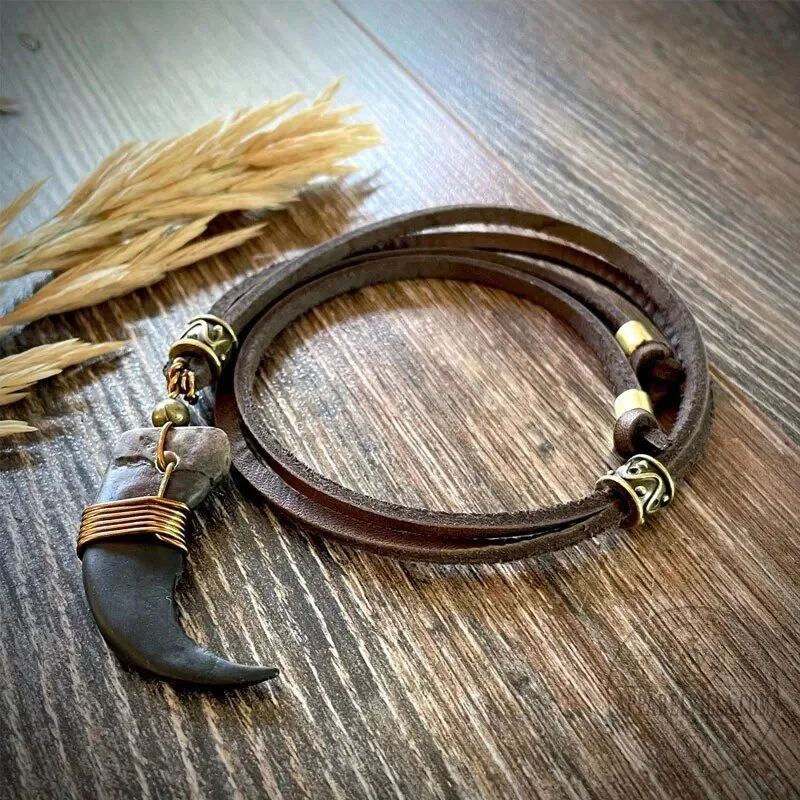 Grizzly Bear Claw Pendant Brown Leather Wrap Necklace