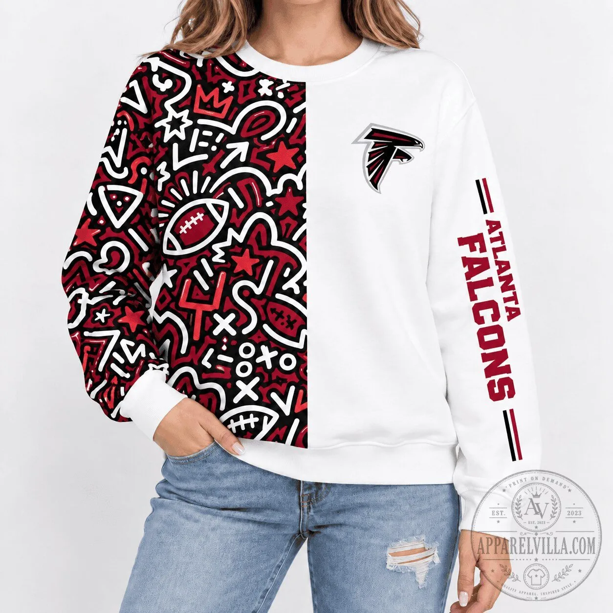 Atlanta Falcons NFL Football Team Doodle Pattern White Crewneck Sweatshirt