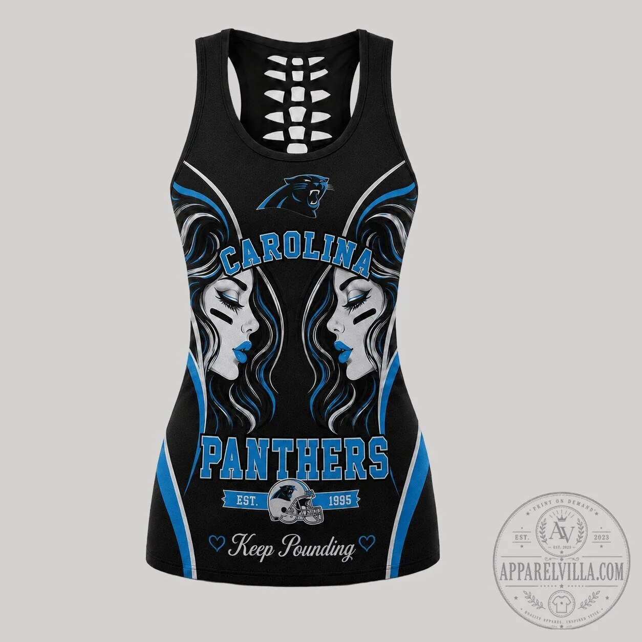 Black Racerback Tank Top featuring Carolina Panthers Women's Fan Art Design