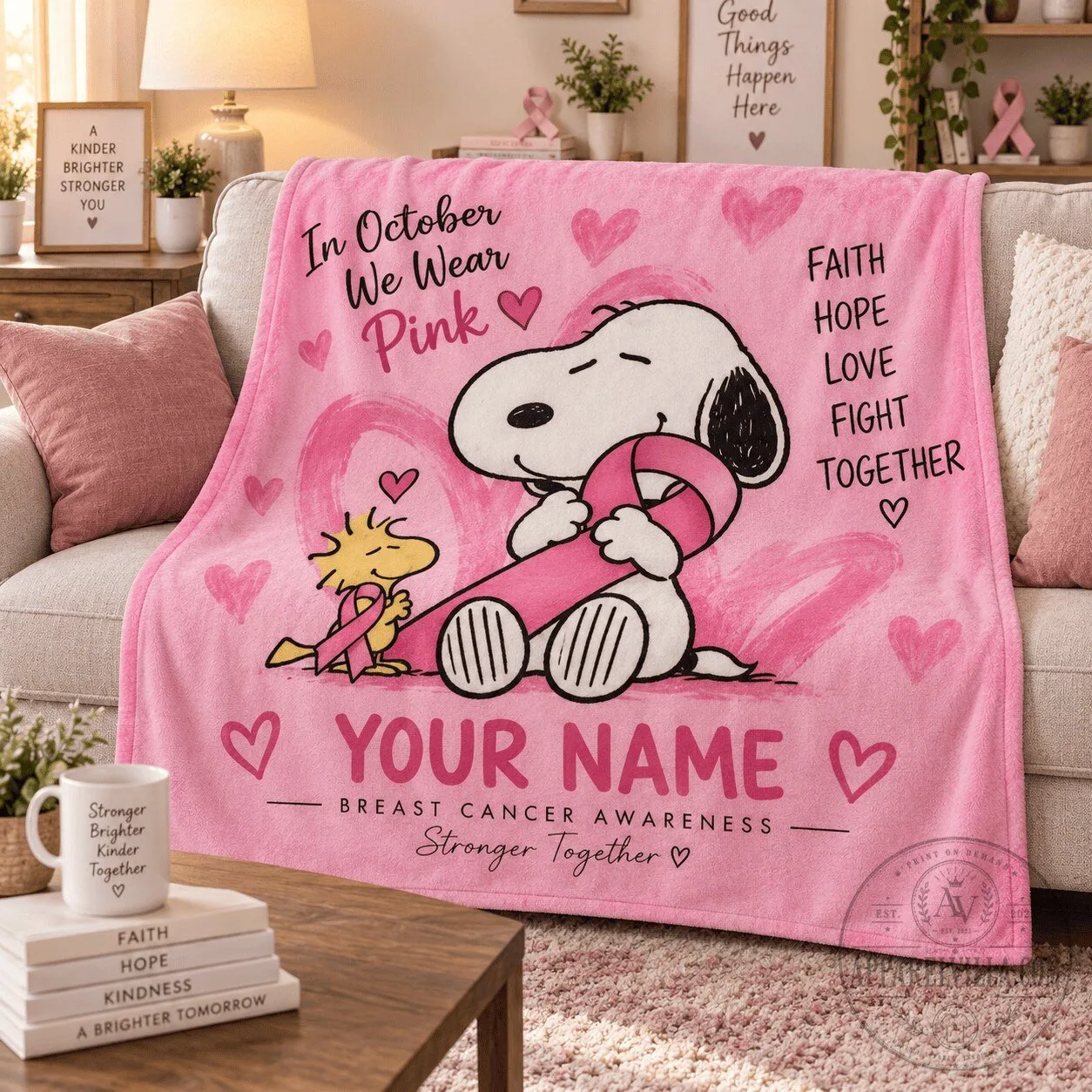 Snoopy and Woodstock Breast Cancer Awareness Pink Personalized Blanket