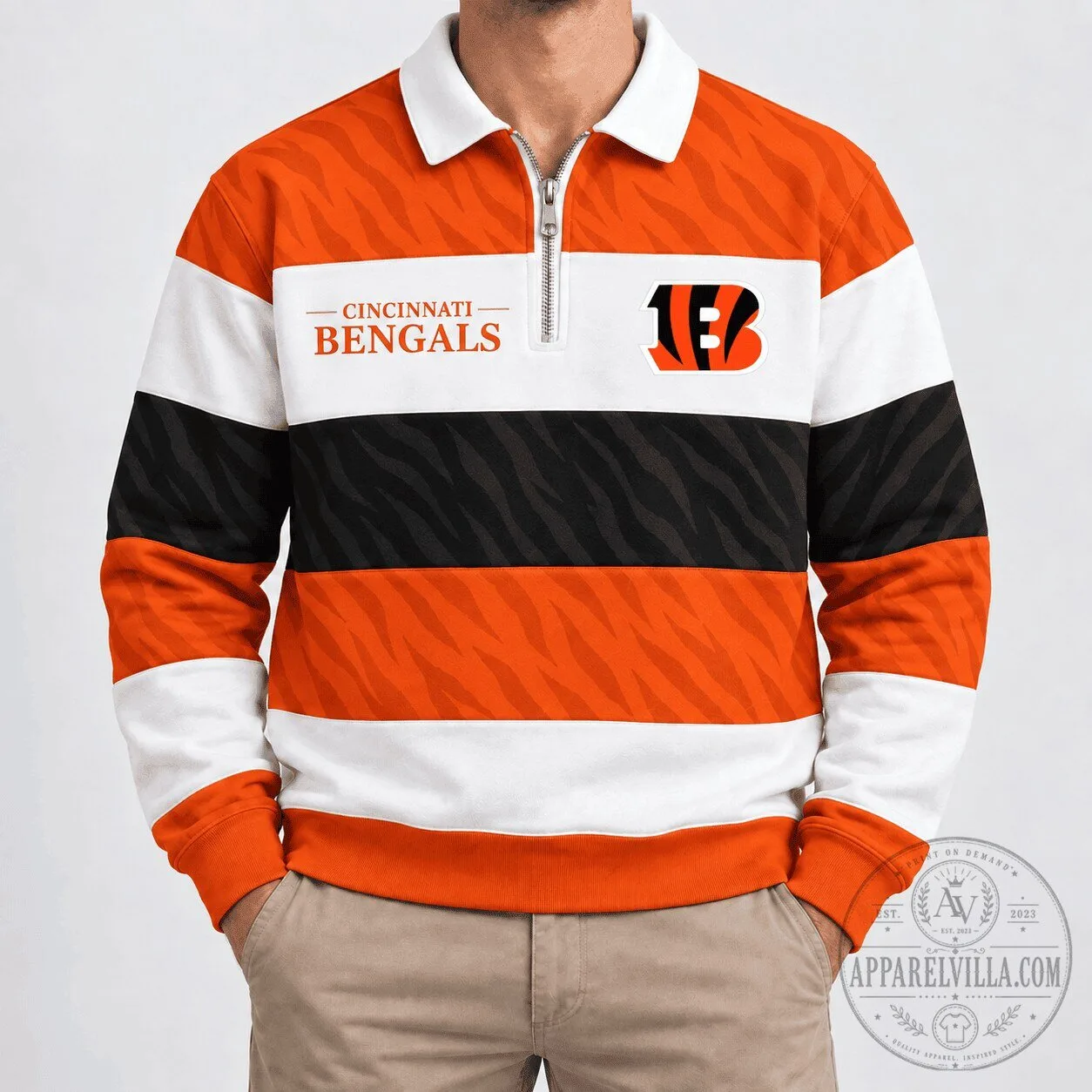 Cincinnati Bengals National Football League Team Orange Stripe Quarter Zip Polo Shirt