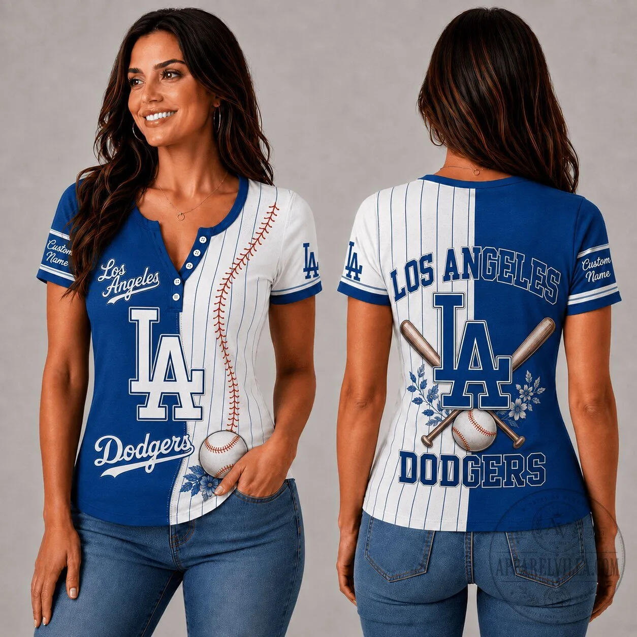 Los Angeles Dodgers MLB Fan Shirt Women's Personalized V-Neck Button T-Shirt