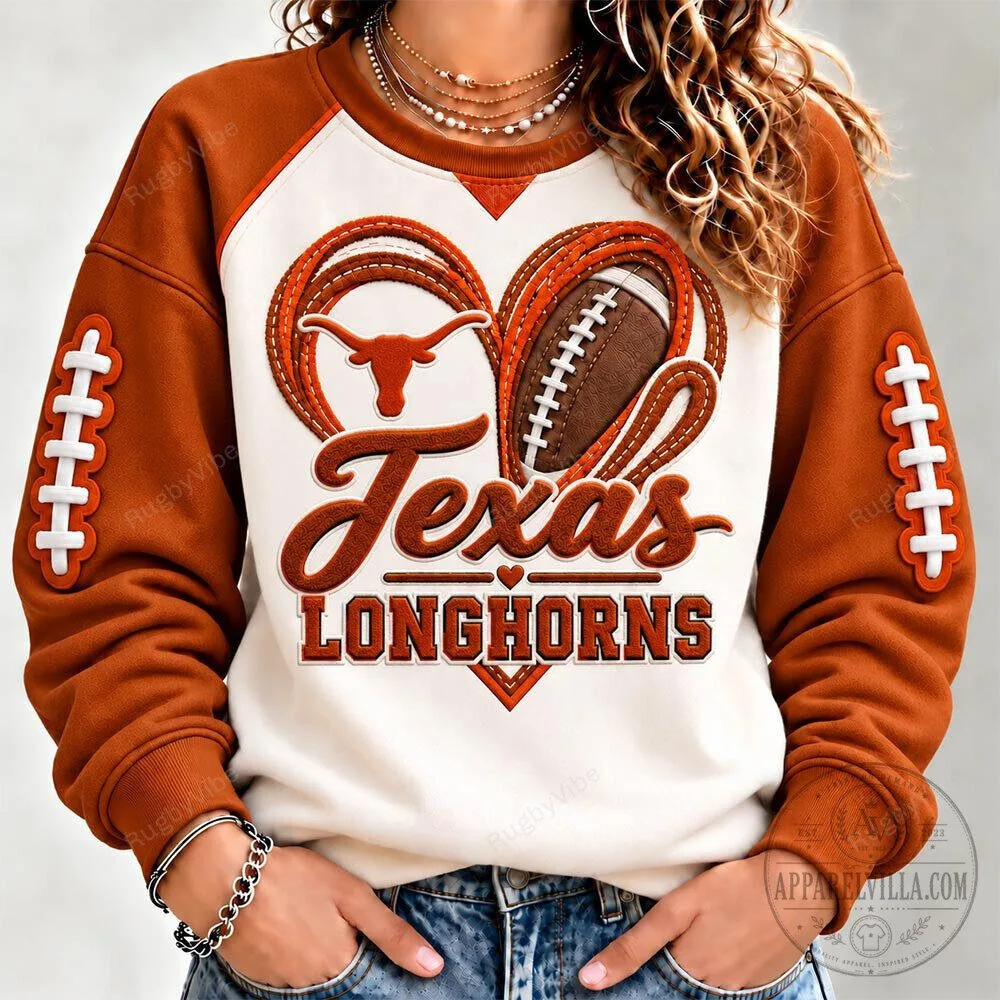 Texas Longhorns Football Heart Design Raglan Sleeve Sweatshirt