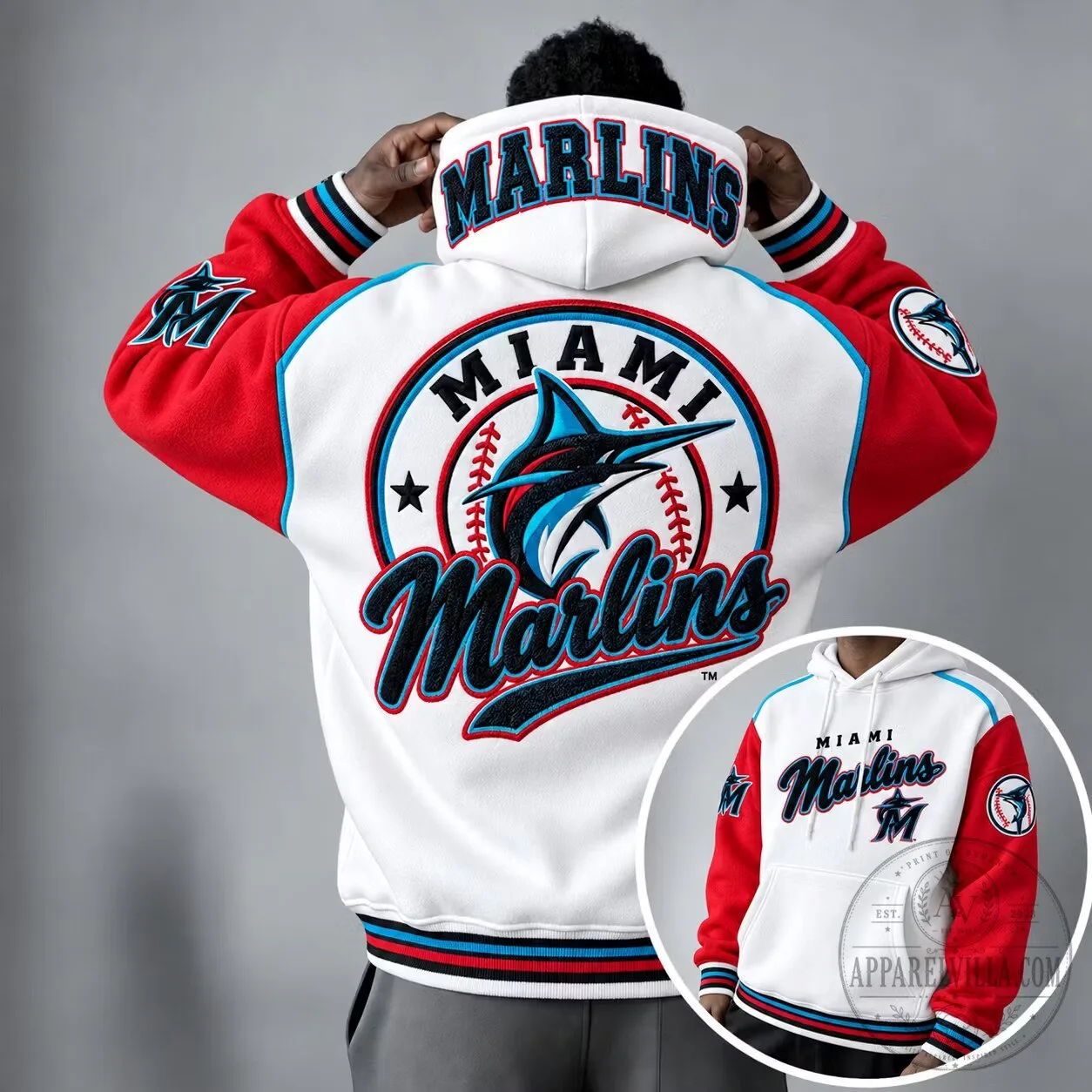 Miami Marlins Baseball Team Logo Embroidered White and Red Hoodie