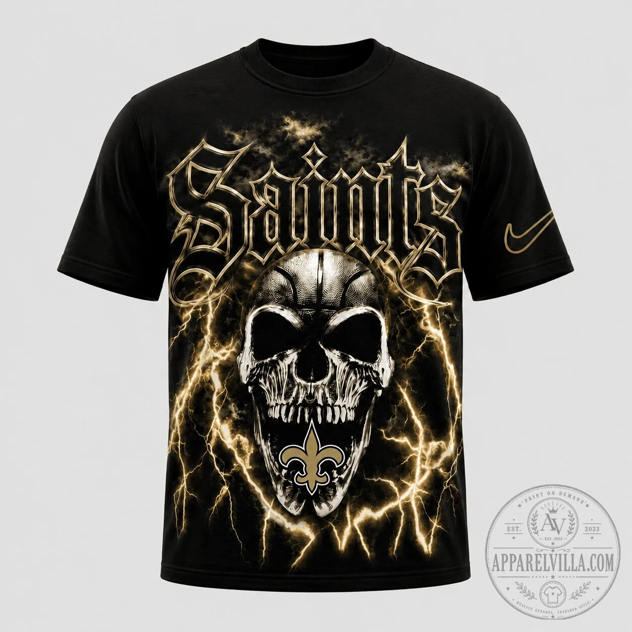 New Orleans Saints Skull Lightning Graphic T-Shirt 1 New Orleans Saints Skull Lightning Graphic T-Shirt