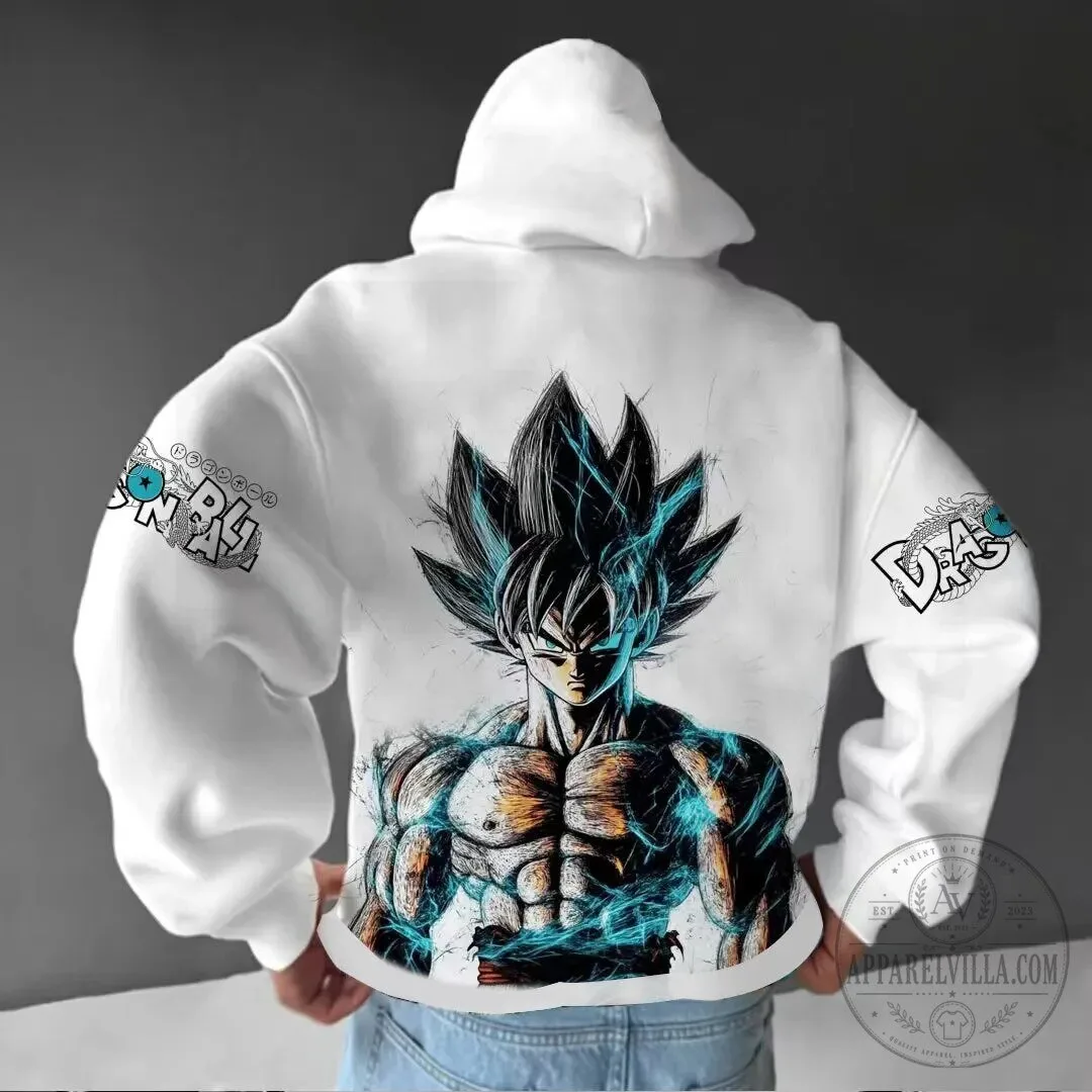 White Hoodie featuring Goku Ultra Instinct from Dragon Ball Super Anime Graphics