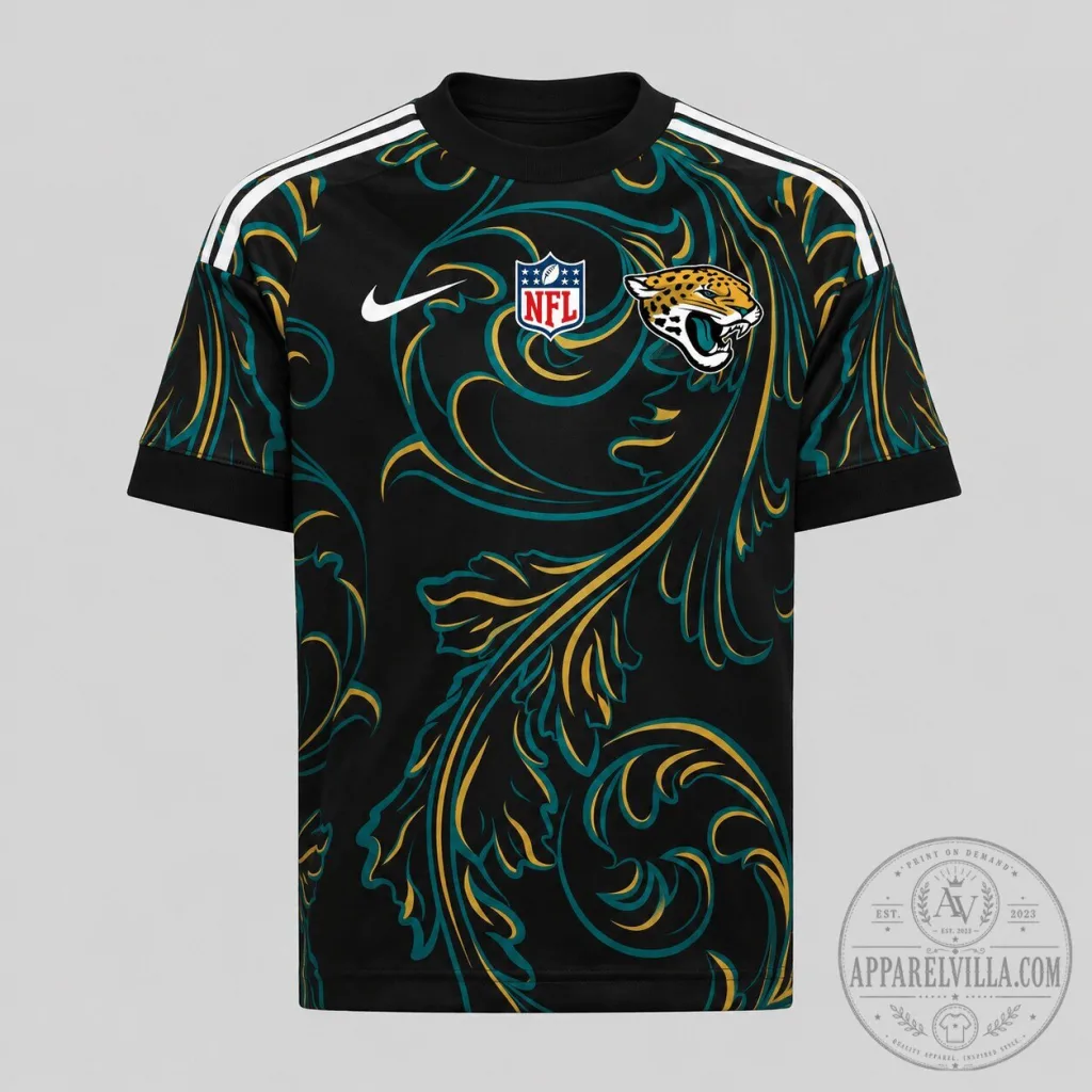 Jacksonville Jaguars NFL Black Baroque Pattern Premium Short Sleeve T-Shirt Jacksonville Jaguars NFL Black Baroque Pattern Premium Short Sleeve T-Shirt