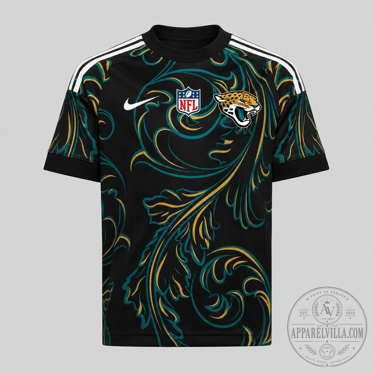 Jacksonville Jaguars NFL Black Baroque Pattern Premium Short Sleeve T-Shirt