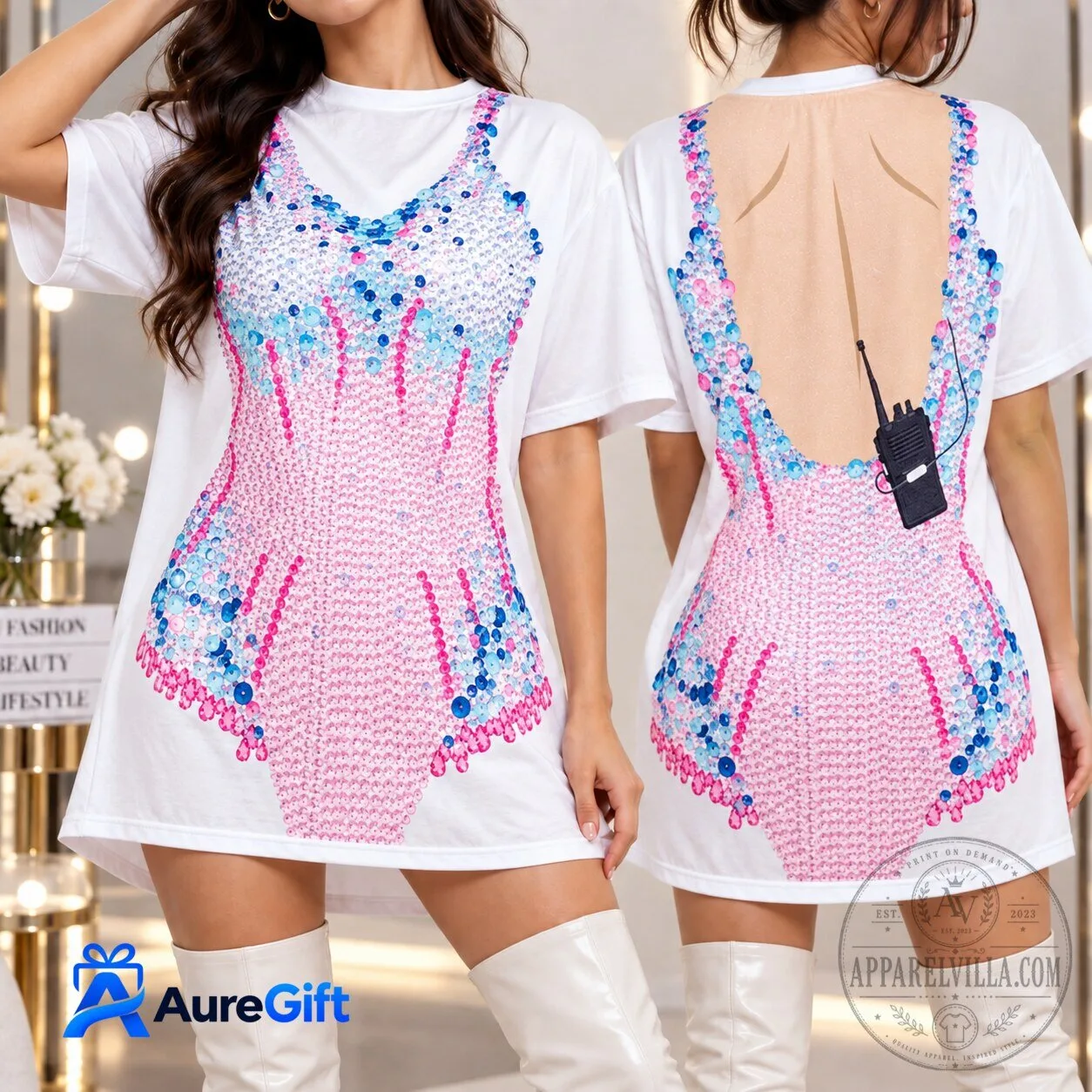 Taylor Swift The Eras Tour Sequin Bodysuit Design White Oversized T-Shirt Dress