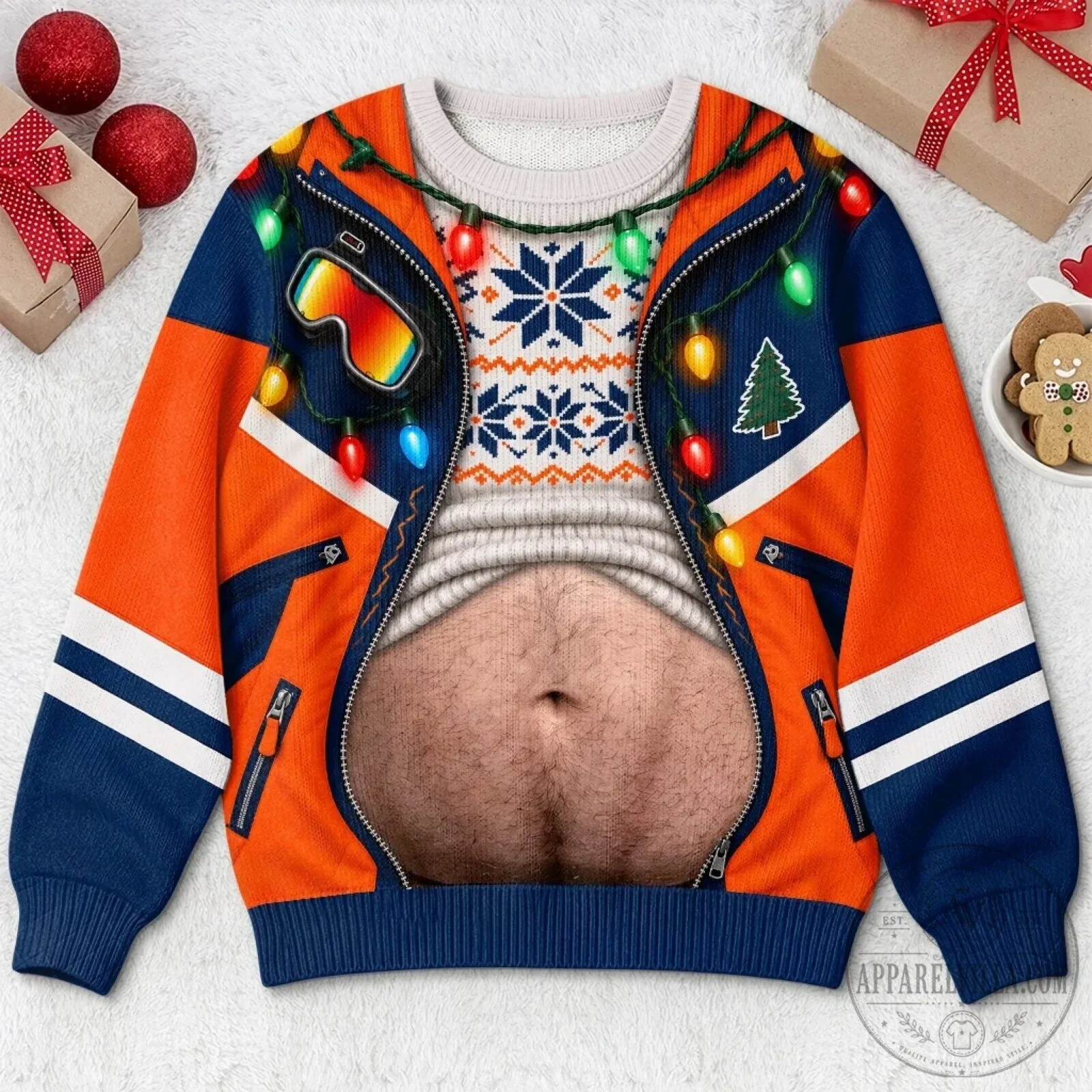 Funny Hairy Belly Ski Jacket Ugly Christmas Sweater Party Sweatshirt