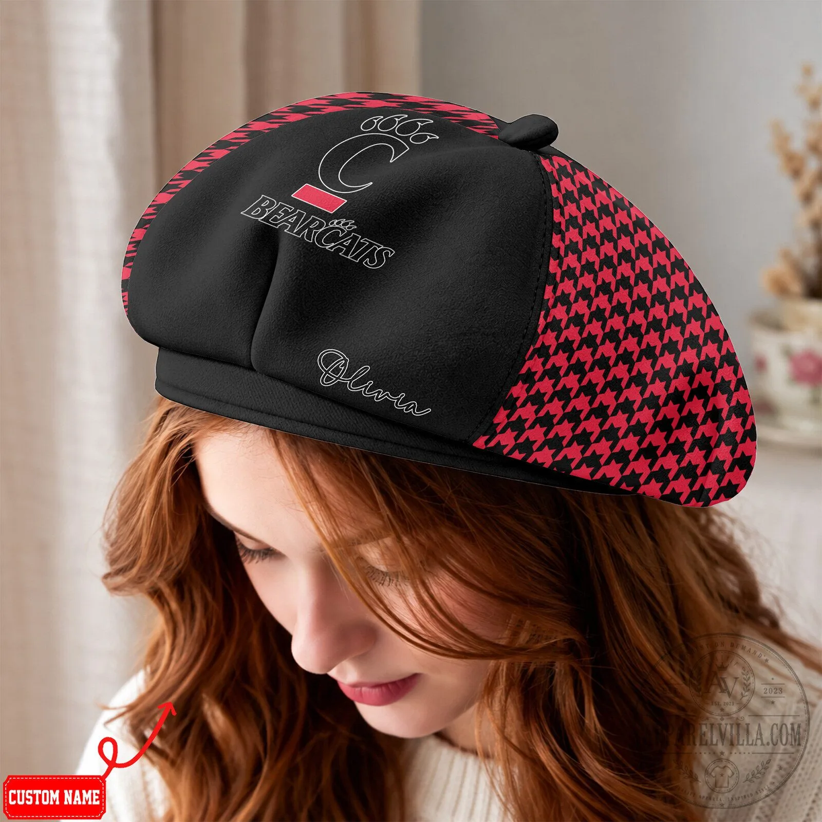 Cincinnati Bearcats NCAA Houndstooth Custom Name Beret Hat