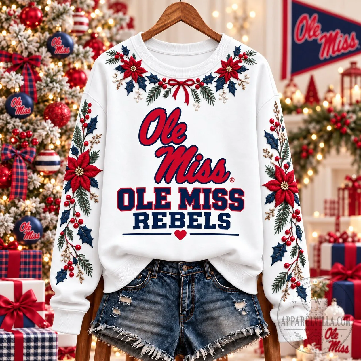 Ole Miss Rebels Christmas Floral Holiday Spirit White Sweatshirt