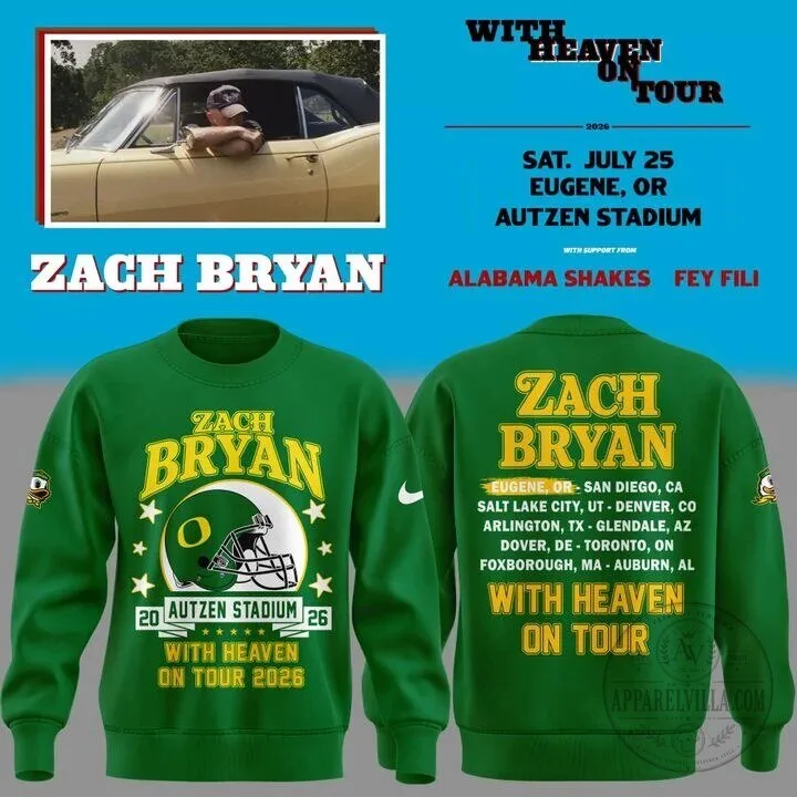 Zach Bryan With Heaven On Tour 2026 Autzen Stadium Green Sweatshirt