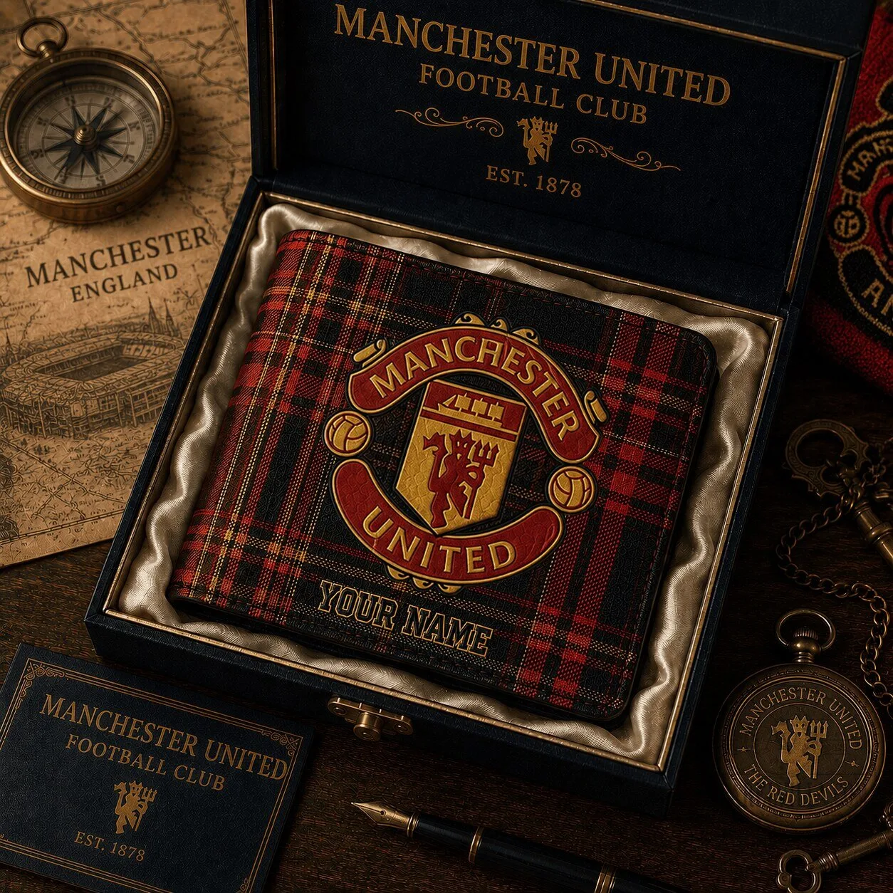 Manchester United Football Club Plaid Custom Name Bi-Fold Wallet