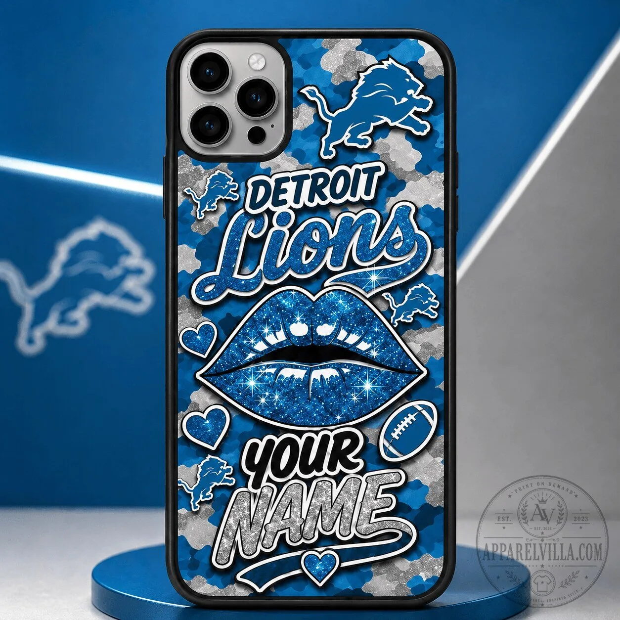 Detroit Lions Personalized Glitter Lips Blue Camouflage Phone Case