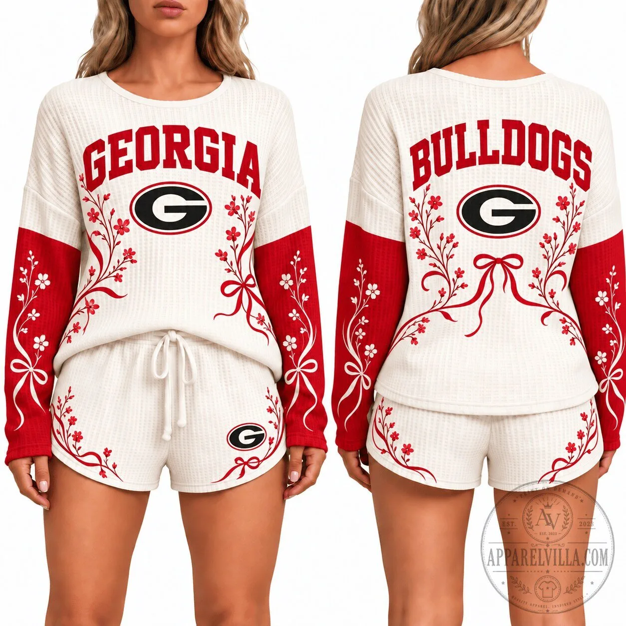 Georgia Bulldogs Women's Waffle Knit Pajamas Set with Floral Design