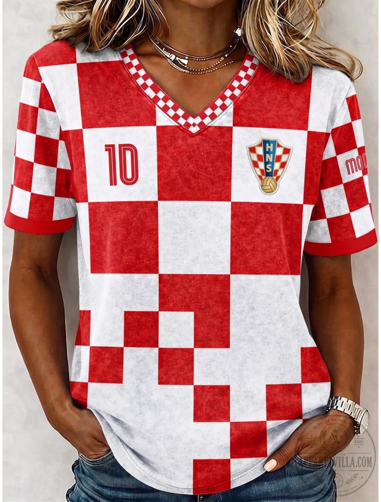Croatia National Football Team Checkered Pattern V-Neck T-Shirt