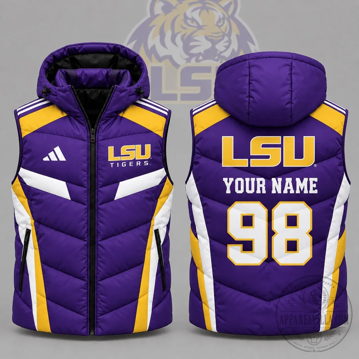 LSU Tigers Personalized Purple and Gold Puffer Vest with Hood