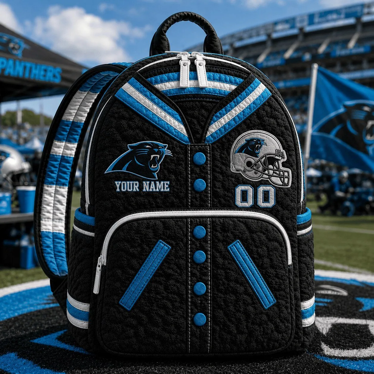 Carolina Panthers Personalized Varsity Quilted Backpack for Football Fans